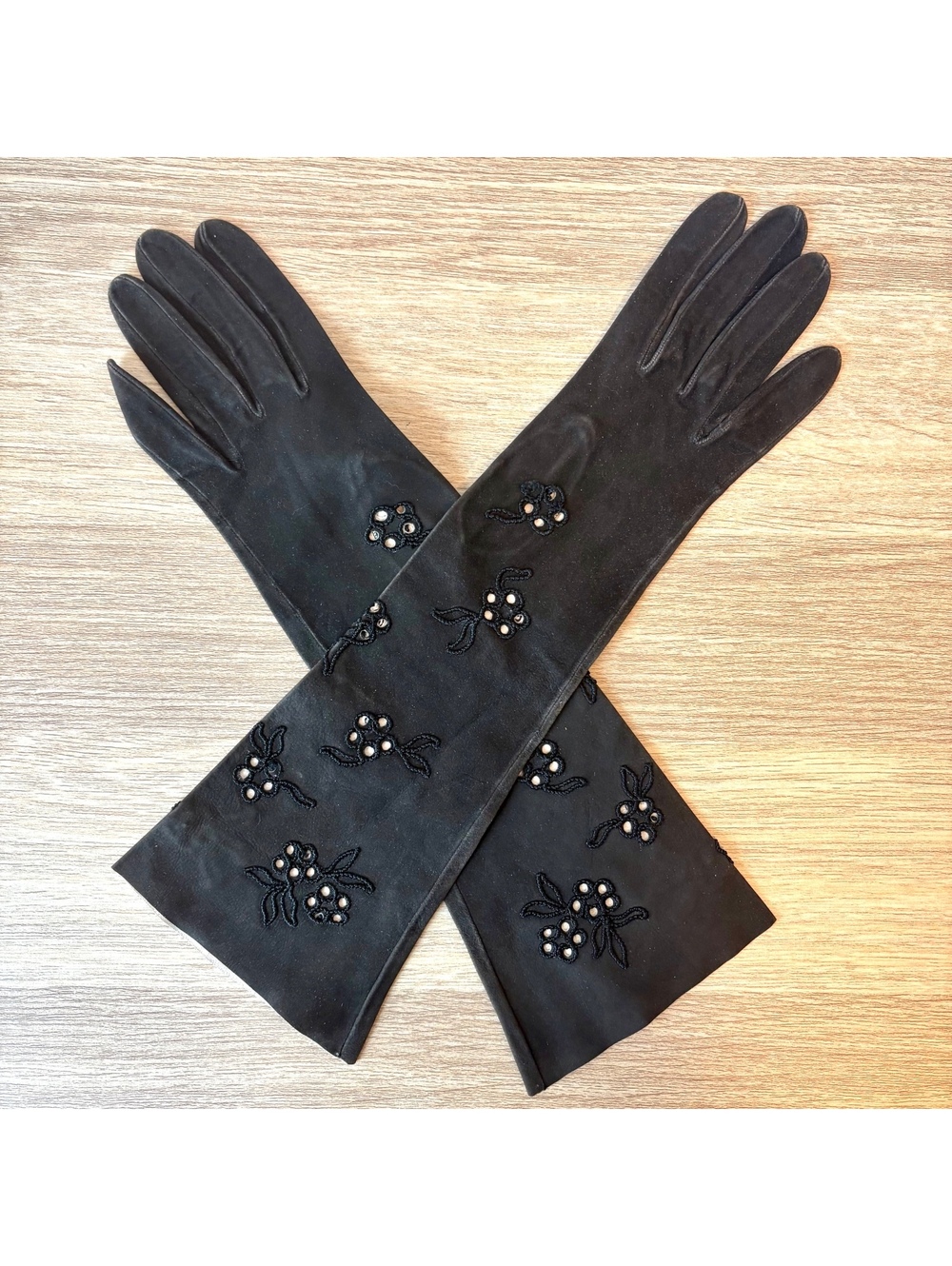 Vintage Black Evening Gloves 14.5” Long Floral Beaded Embroidered Formal Opera